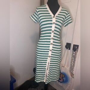Crotchet Green and White Striped Dress Button Front Grunge 90s Hippy Boho